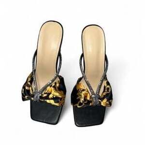 Black and Gold Rhinestone Bow Kitten Heels